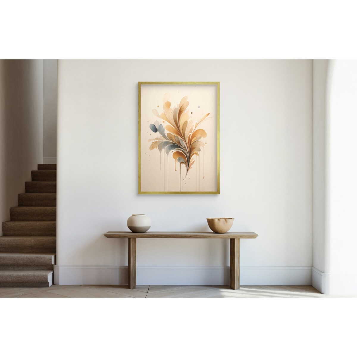 Beżowy Plakat Boho w Złotej Ramie Akwarela Minimalistyczna Abstrakcja Liść