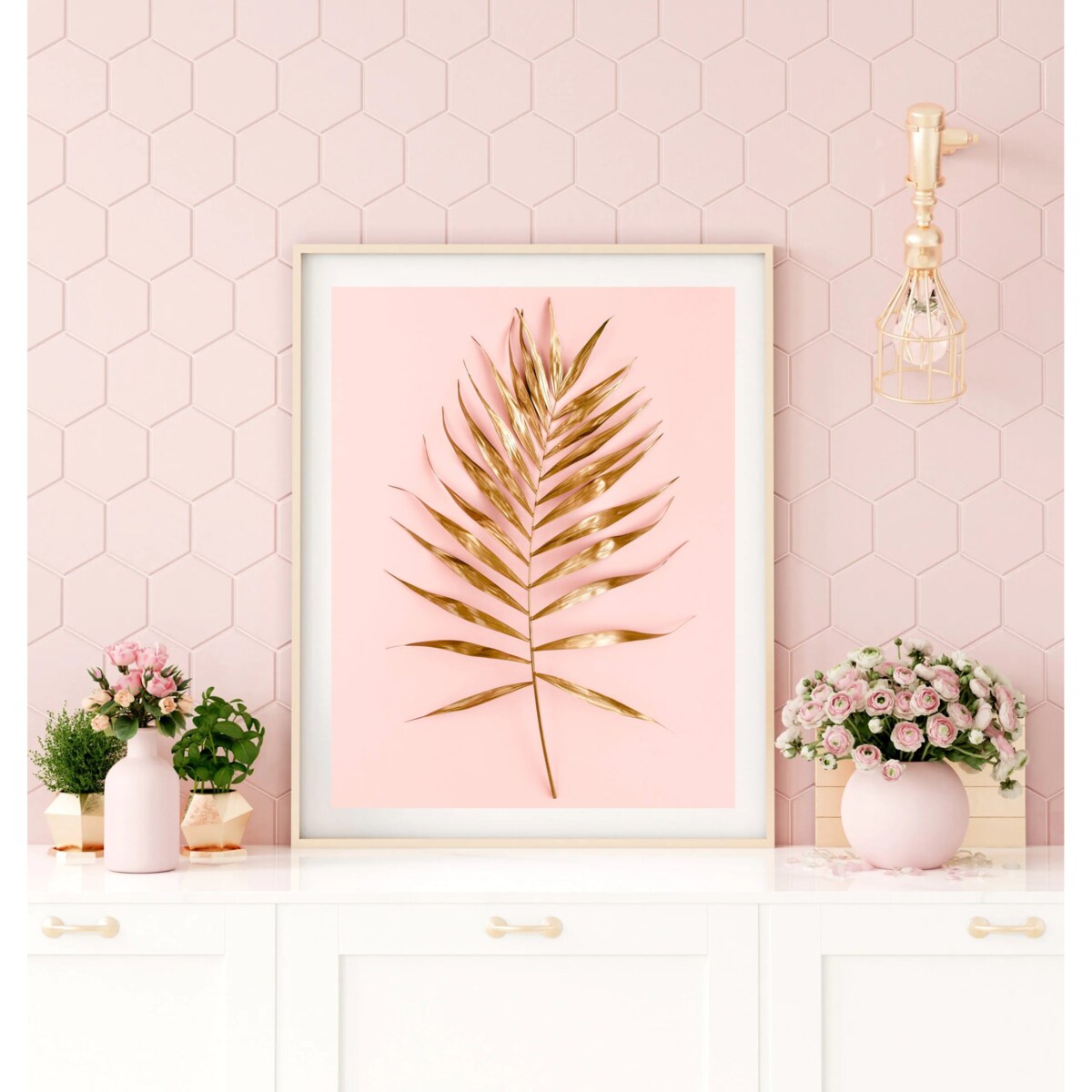 Poster Story, Plakat, Obraz - Złota Gałązka na Różowym Tle, wymiary 42 x 60 cm