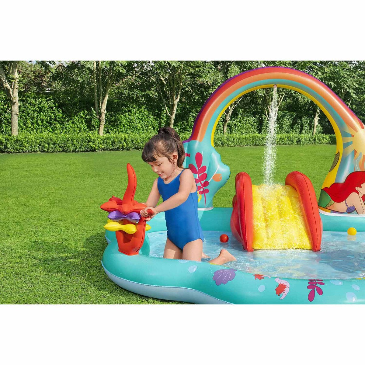 Dmuchany plac zabaw wodny Bestway 91097 Syrenka Disney zjeżdżalnia 211x206x127 cm