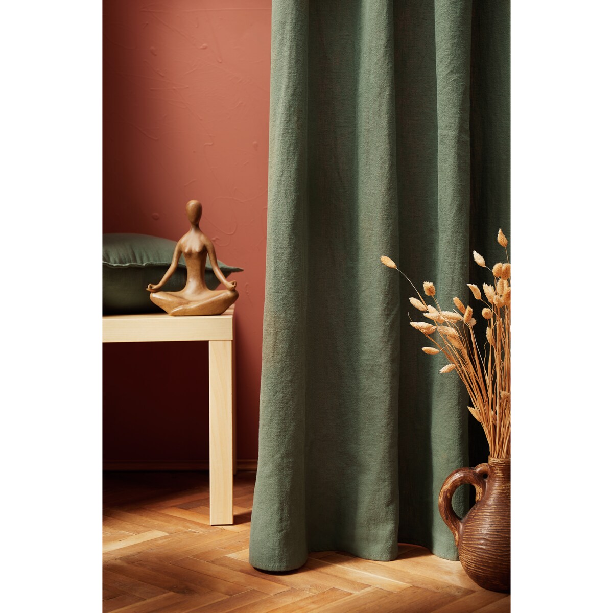 Lniana zasłona na taśmie marszczącej w kolorze ciemnej oliwki Merida 140x250