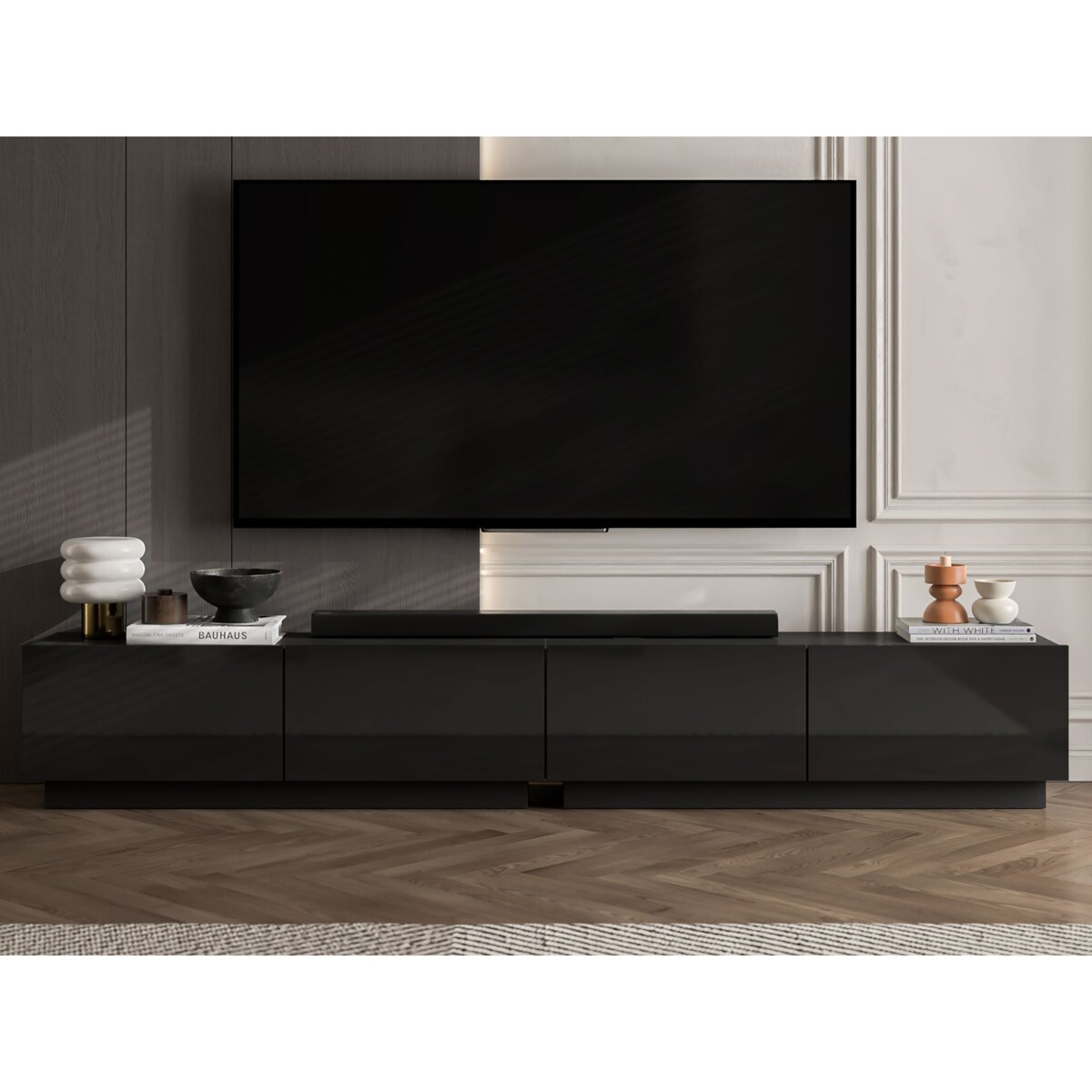 Szafka RTV Glamour Stojąca / Wisząca Komoda RTV Fronty Czarny połysk 240 cm