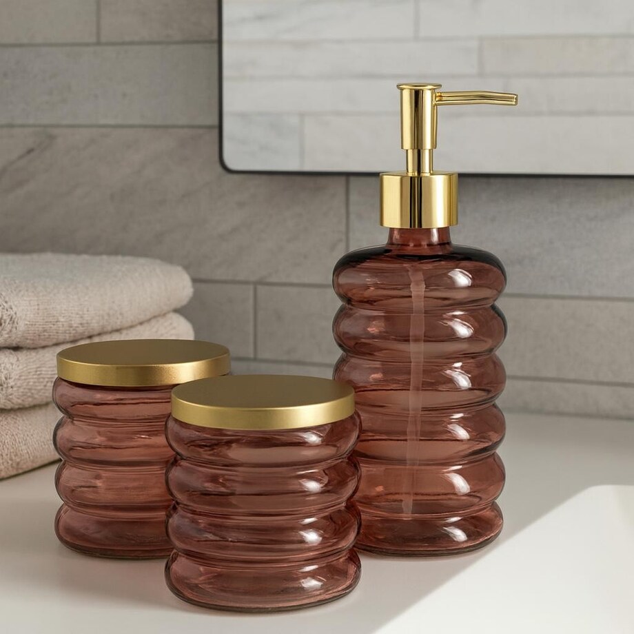 Zestaw łazienkowy szklany - dozownik, kubek i pojemnik 19x8,5 cm IMPOSTATO różowy