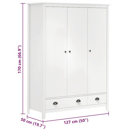 vidaXL Szafa 3-drzwiowa Hill, biała, 127x50x170 cm, lita sosna
