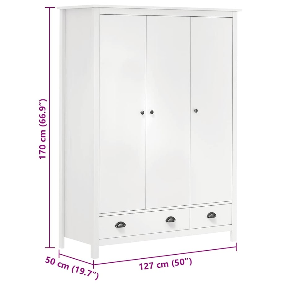 vidaXL Szafa 3-drzwiowa Hill, biała, 127x50x170 cm, lita sosna