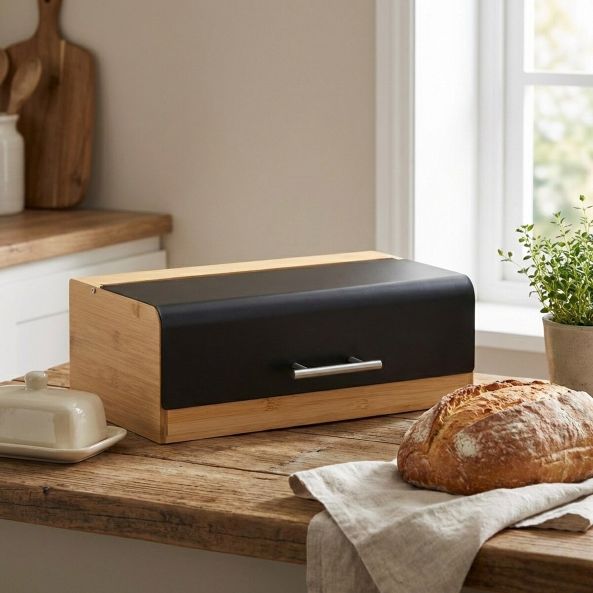 Duży chlebak bambusowy ZELLER, czarny, 36 x 20 x 13 cm