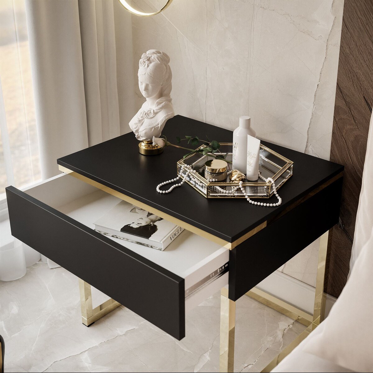 Stolik nocny AURORA na złotym stelażu czarny mat