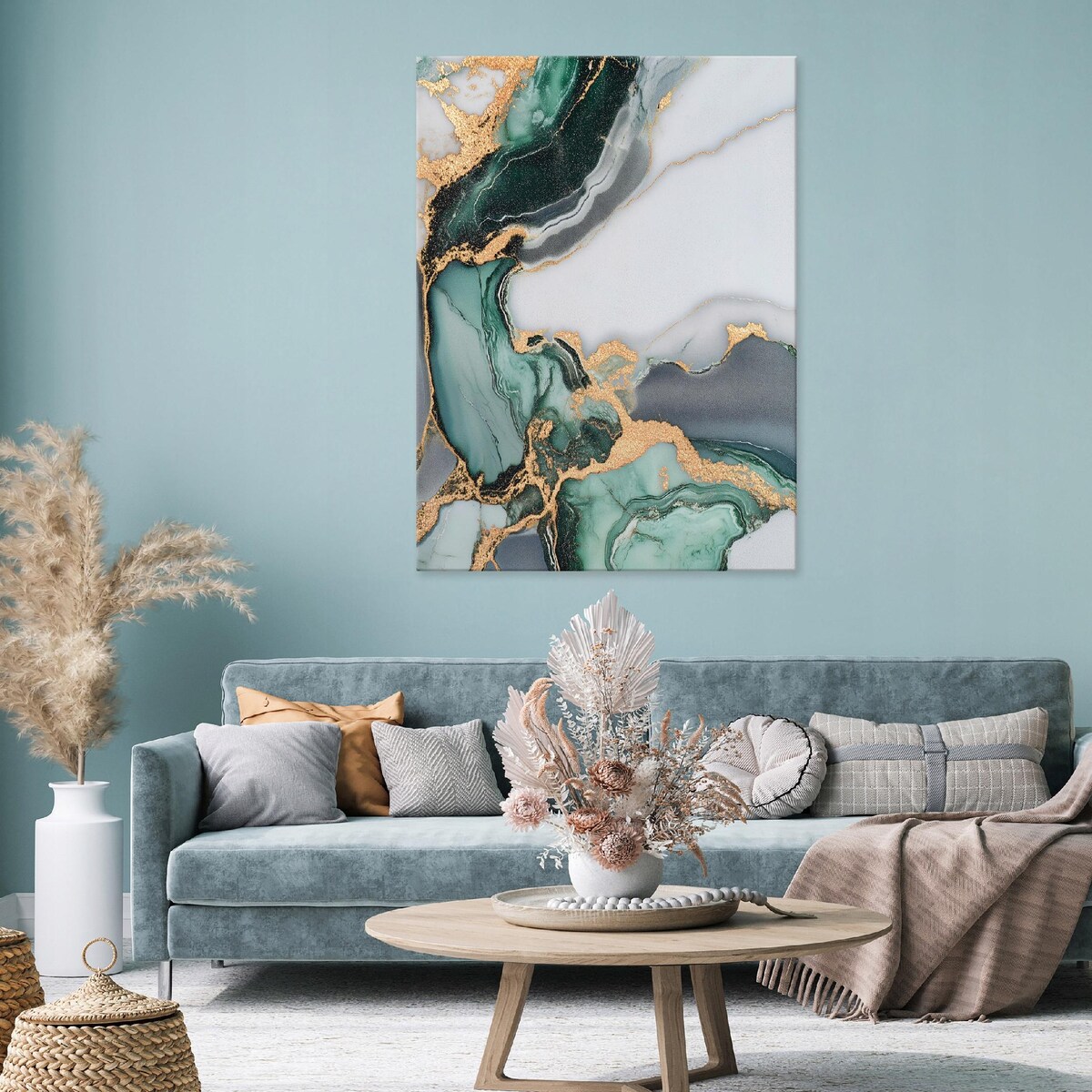 OBRAZ ABSTRAKCJA MARMUR ZIELONY ZŁOTO DO SYPIALNI SALONU NA PŁÓTNIE 100x70