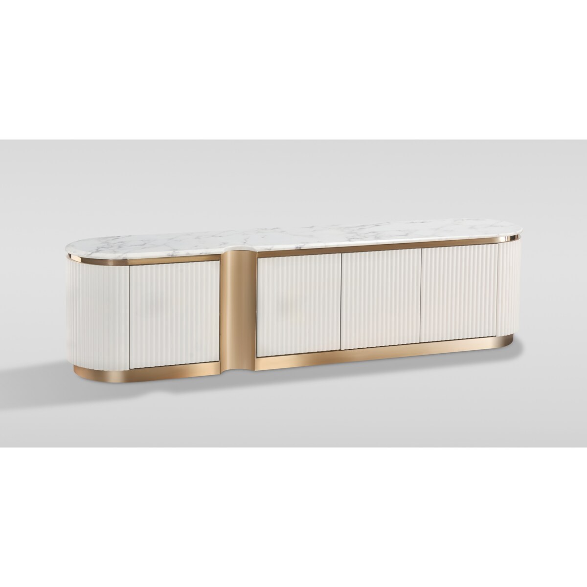 Ryflowana szafka RTV złota biała Nutris Glamour Premium z blatem marmurowym 200x40x50