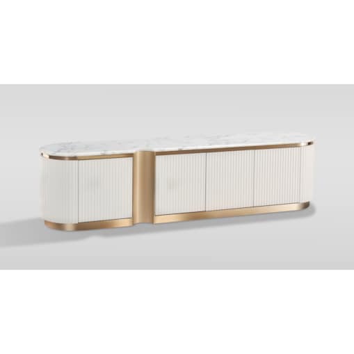 Ryflowana szafka RTV złota biała Nutris Glamour Premium z blatem marmurowym 200x40x50
