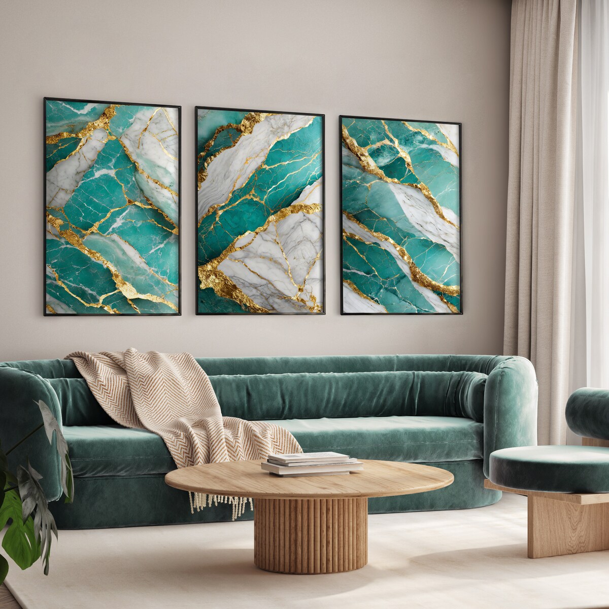 ZESTAW 3X PLAKAT W RAMIE DO SYPIALNI TURKUSOWY MARMUR STYL GLAMOUR 30x40cm