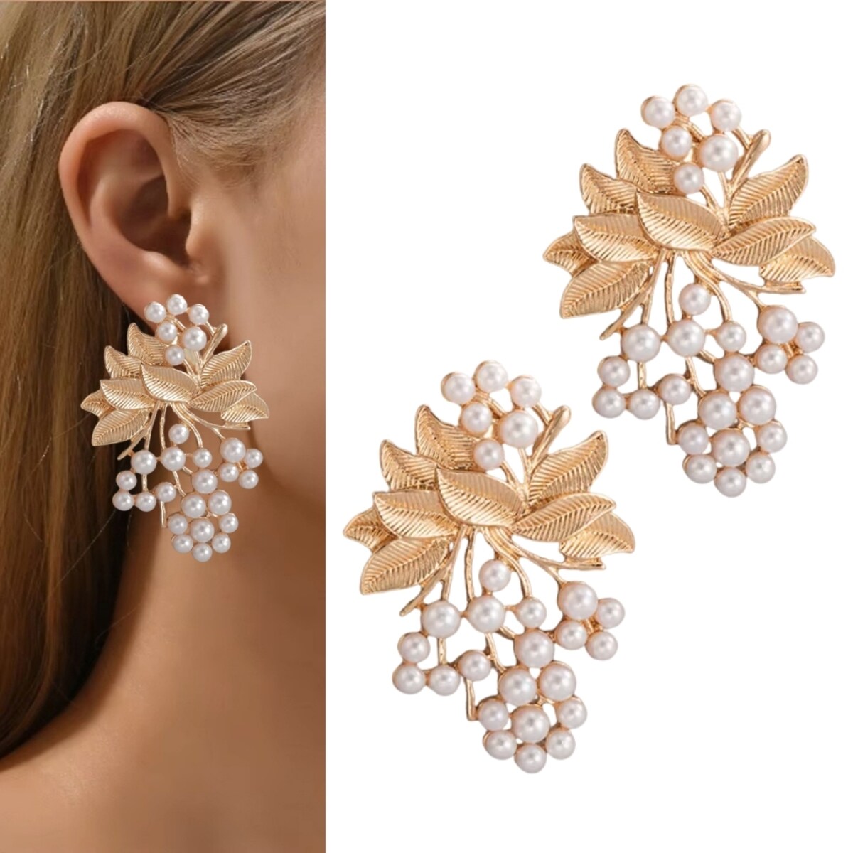 Kolczyki złote gałązki z listkami perełki rozłożyste efektowne sztyfty