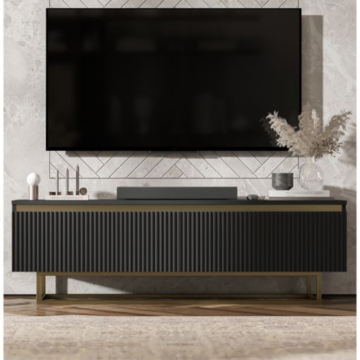 Nowoczesna Szafka RTV Glamour Komoda RTV Czarny Mat 140 cm złote akcenty