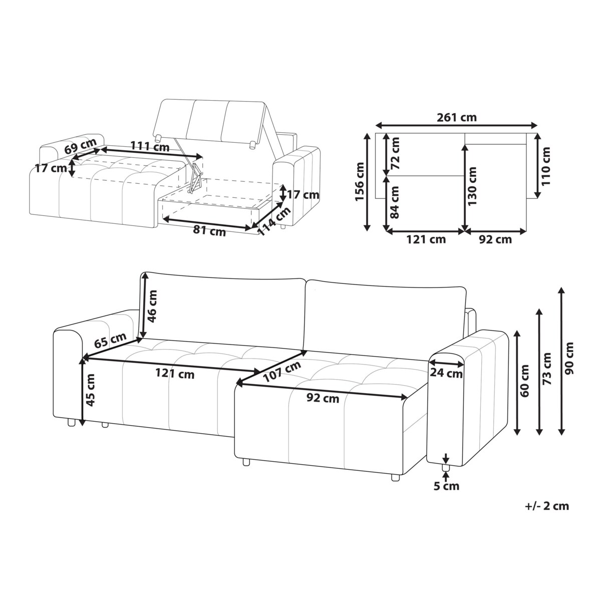 Narożnik rozkładany lewostronny 3-osobowy z pojemnikiem brązowy INNVIK
