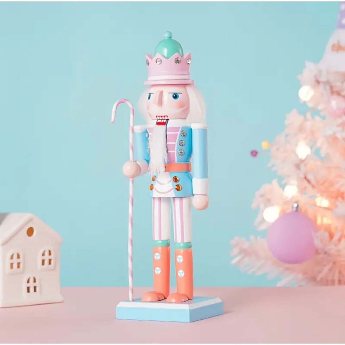 Dziadek do orzechów PASTELOWY niebieski figurka świąteczna 25 cm