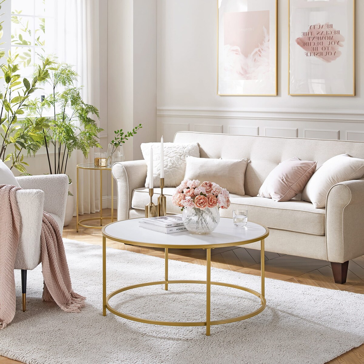 Stolik Kawowy 84X45,5 Cm Złoty, Biały