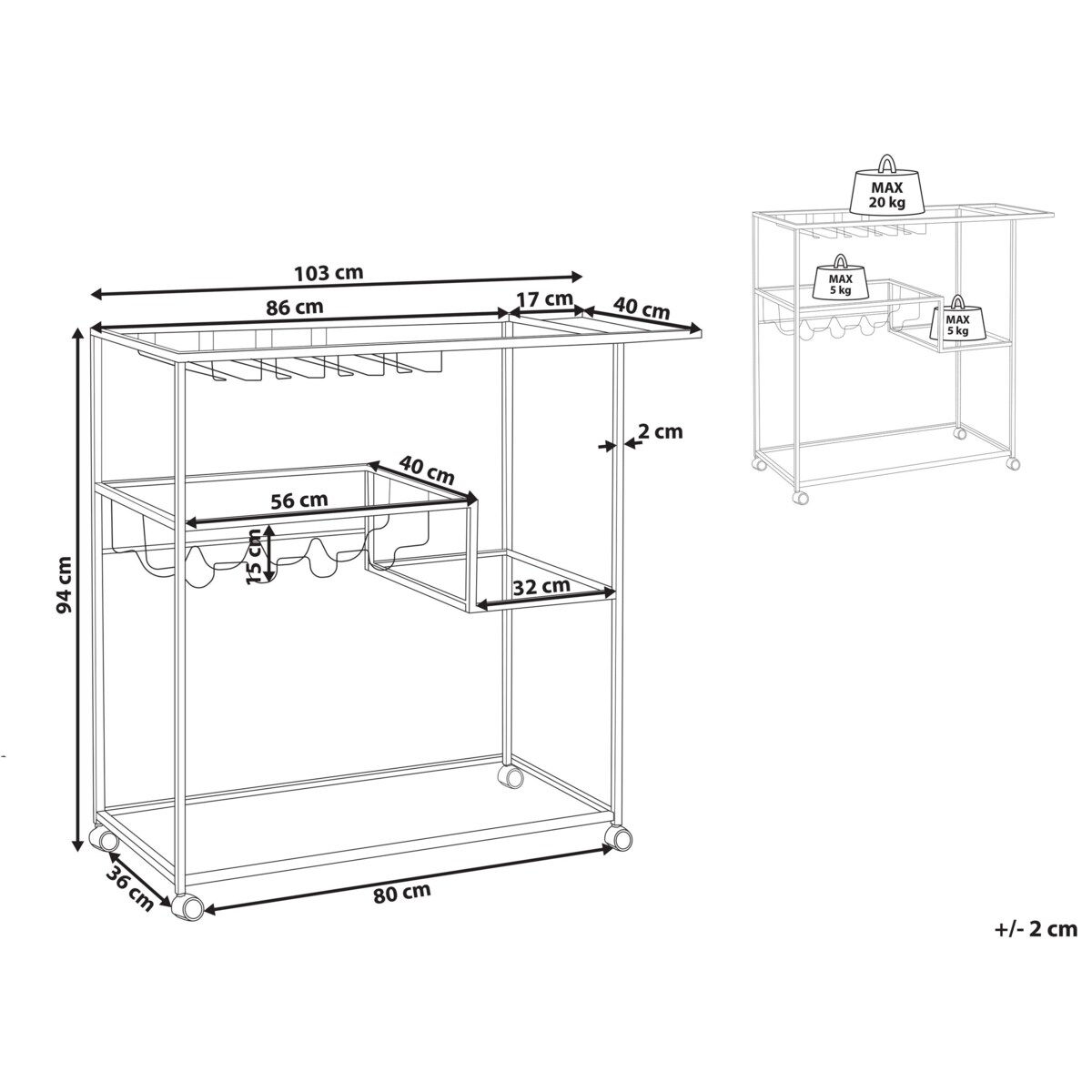 Metalowy wózek kuchenny 3-poziomowy czarny MARCOLA