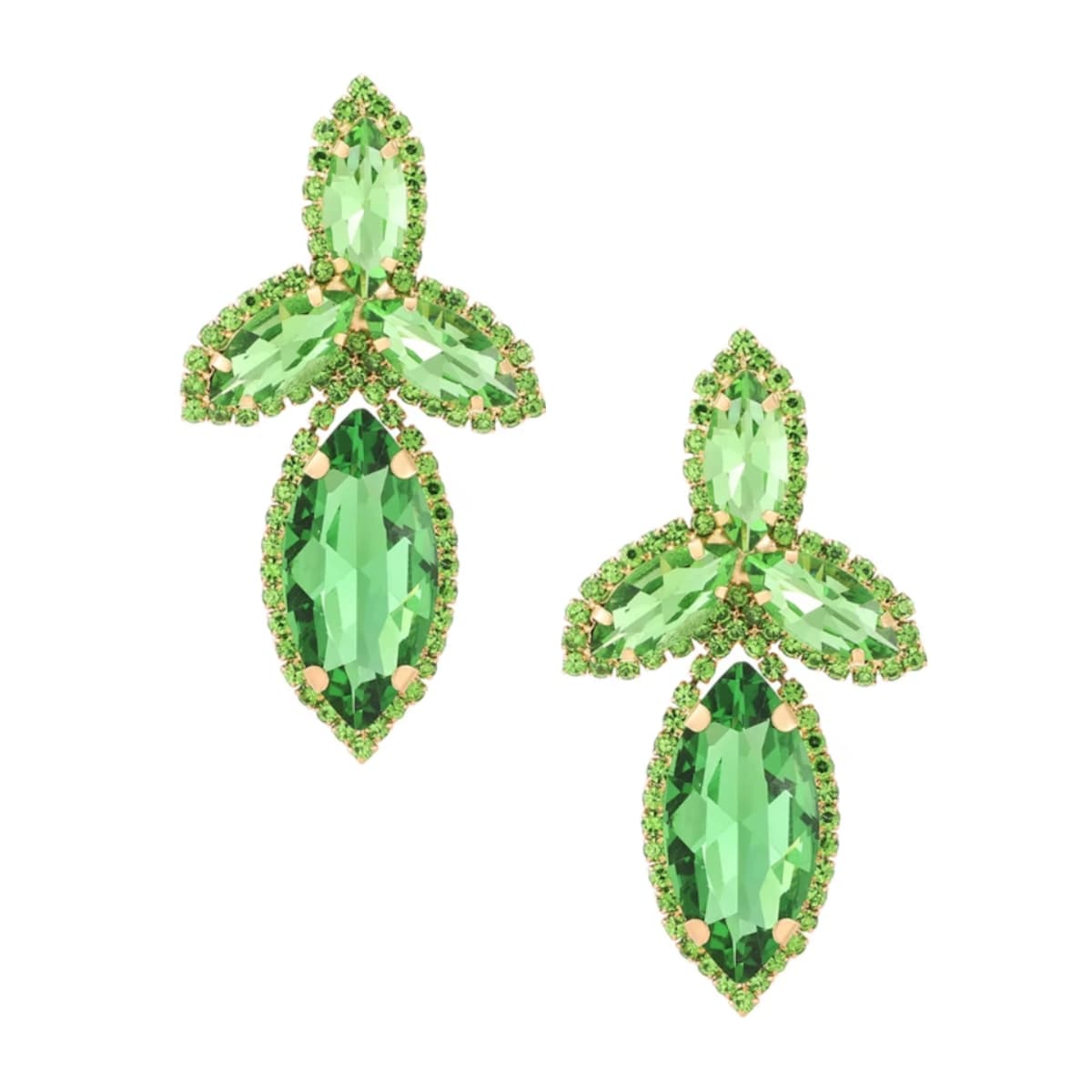 Duże kolczyki krótkie złote jasne zielone cyrkonie płatki kryształy