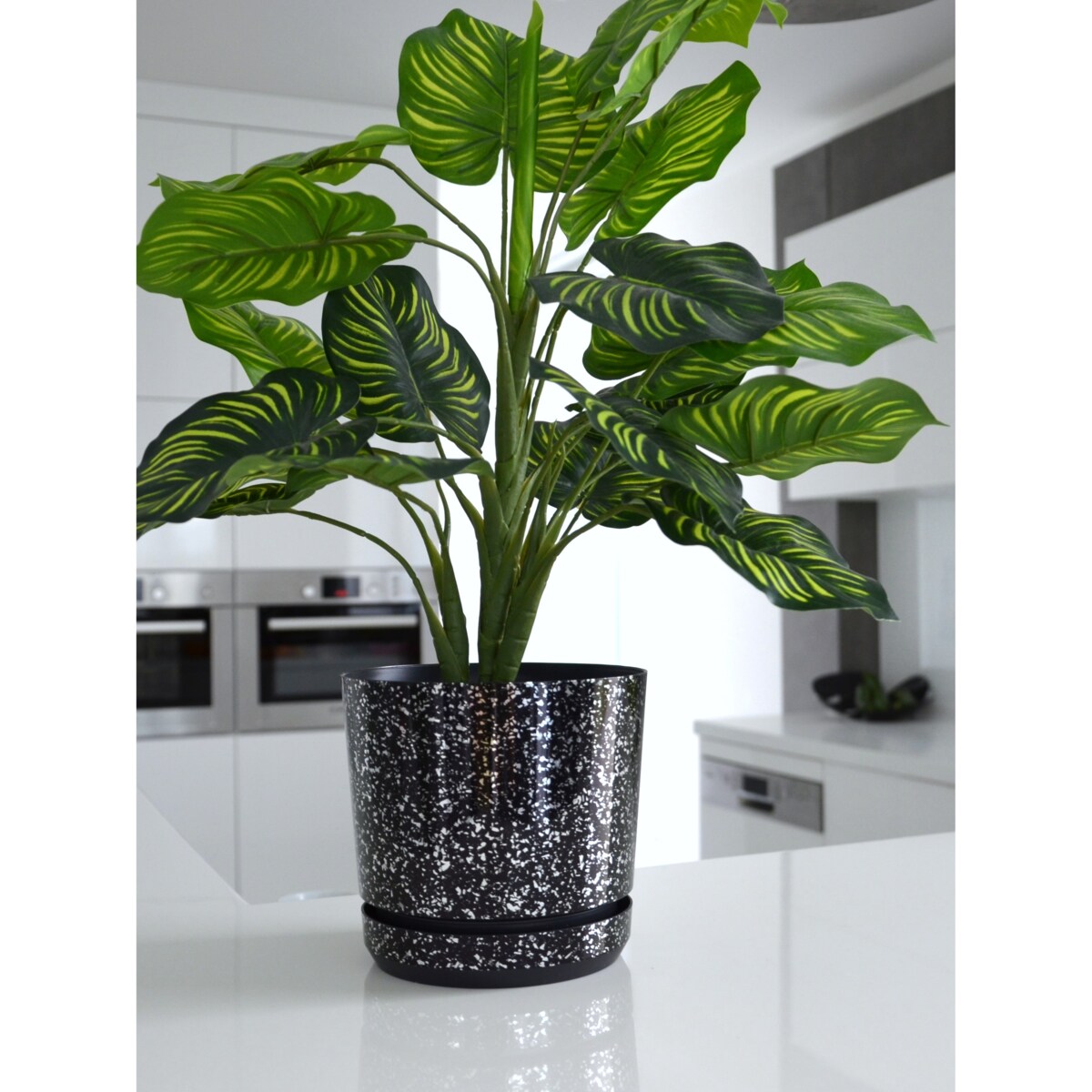 21 cm wzór CZARNY MARMUR Doniczka z podstawką piękne lustrzane drobinki srebrne elementy elegancka