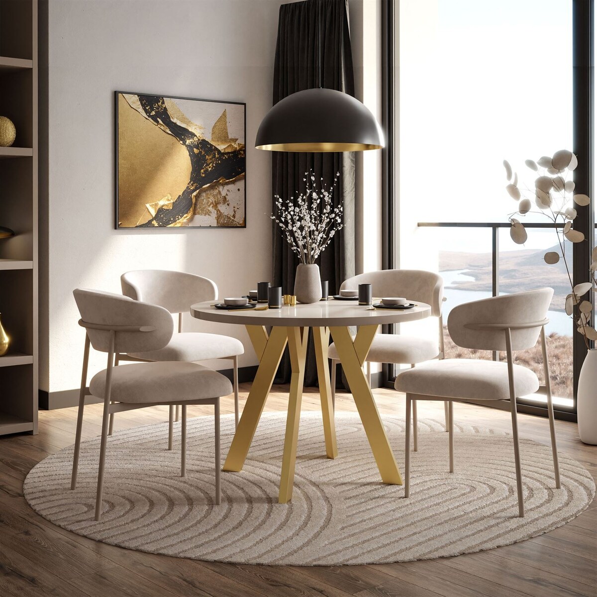 Okrągły stół rozkładany VOLTA GLOSS, nogi złote, blat kaszmir