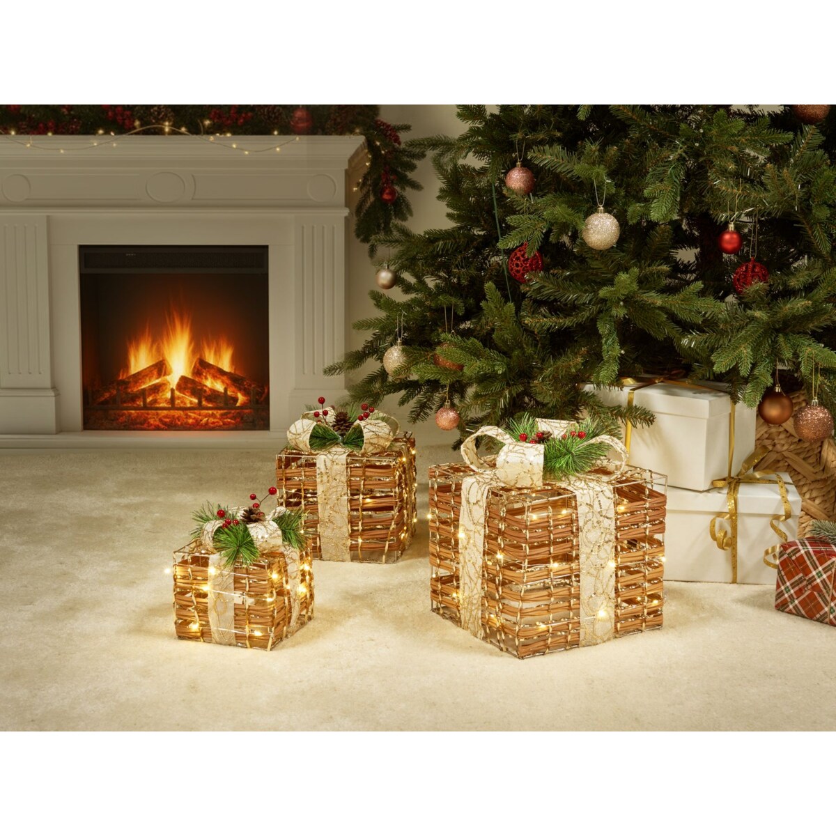 Zestaw 3 dekoracji świątecznych LED TISSO Prezenty świąteczne 20/25/30 cm Brązowy