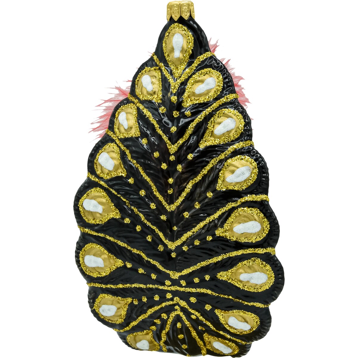 Bombka choinkowa szklana: Paw z piórami: czarno-złoty