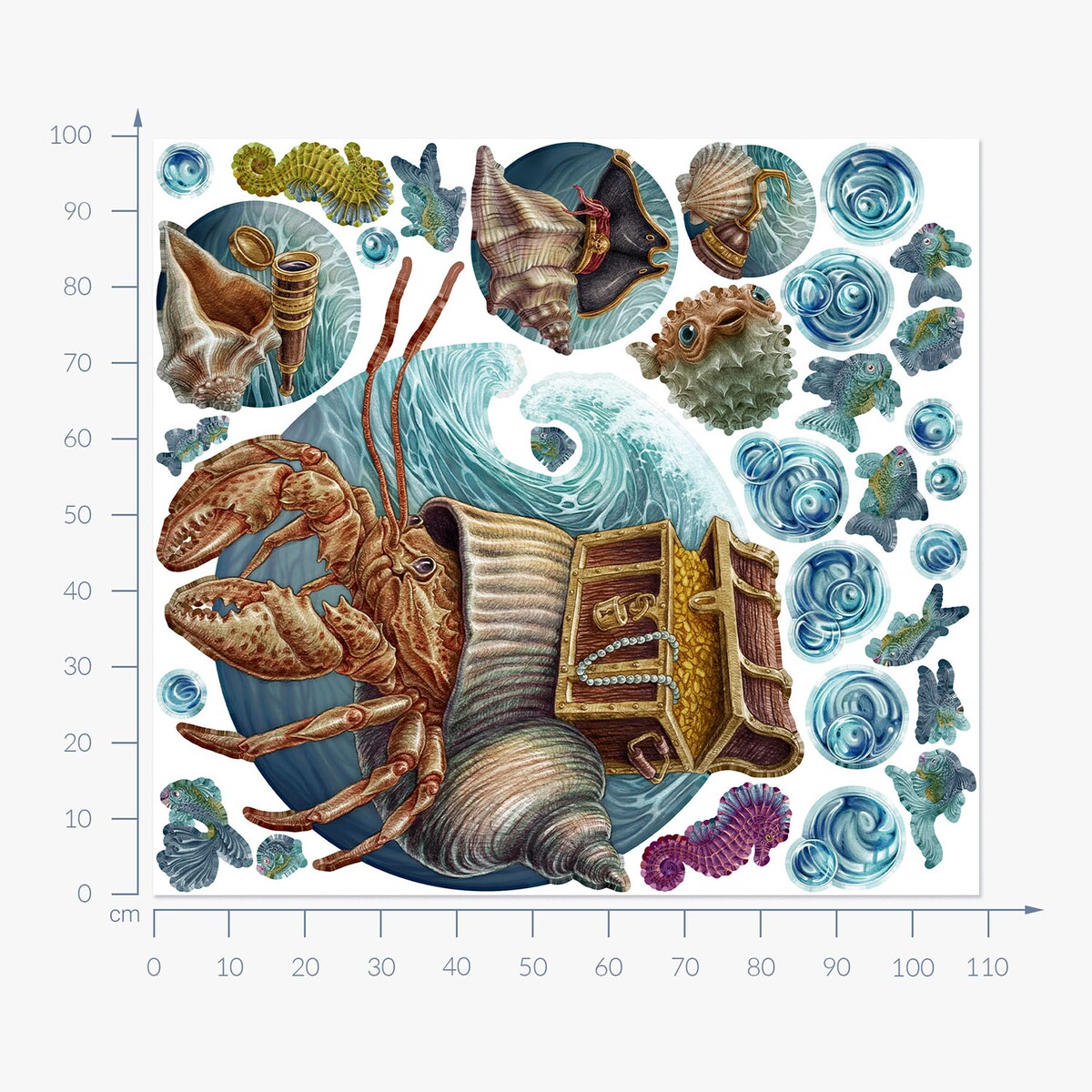 Zestaw naklejek na ścianę, Podwodny świat kraba, 100cm