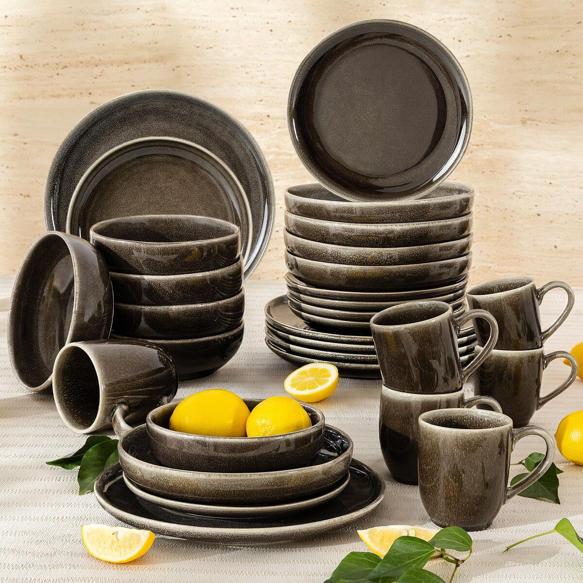 EDA Zestaw obiadowy 6 os. (30 el.), brązowy/szary/beżowy