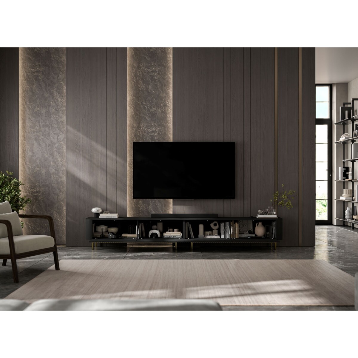 Szafka RTV Komoda RTV 280 cm Glamour Czarny Mat Złoty Stelaż