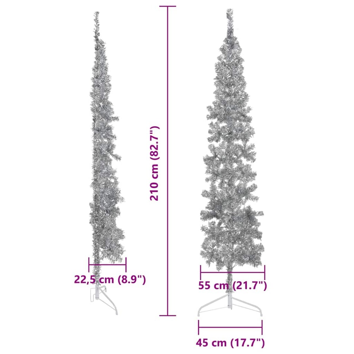 vidaXL Smukła choinka połówka ze stojakiem, sztuczna, srebrna, 210 cm