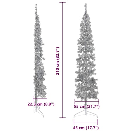 vidaXL Smukła choinka połówka ze stojakiem, sztuczna, srebrna, 210 cm