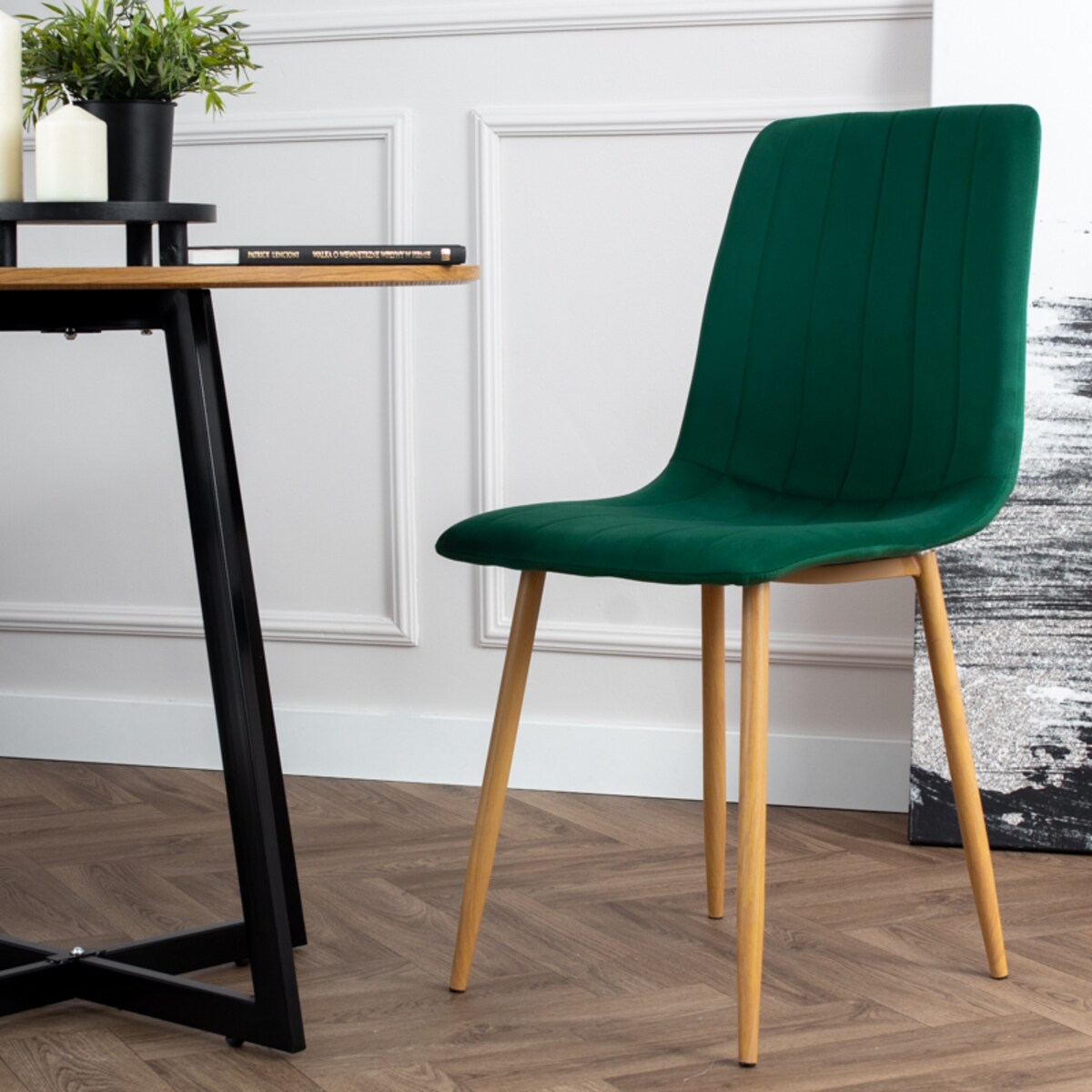 Krzesło tapicerowane do salonu jadalni welurowe zielone pikowane