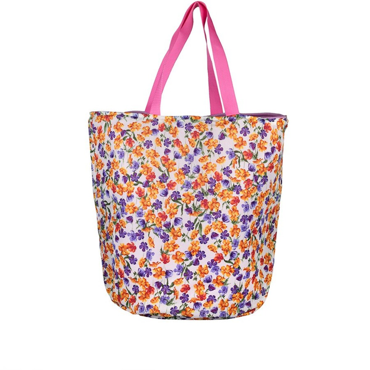 Torba na zakupy z okrągłym spodem, 58x48 różowa ze środkiem kolorowe kwiaty
