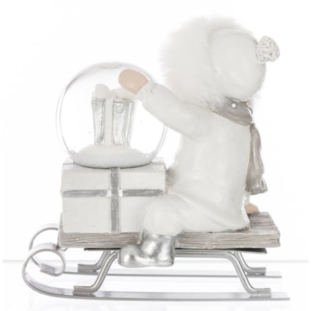 Dekoracja - dziecko na sankach ze szklaną kulą 10,5x10,5x6,5 cm