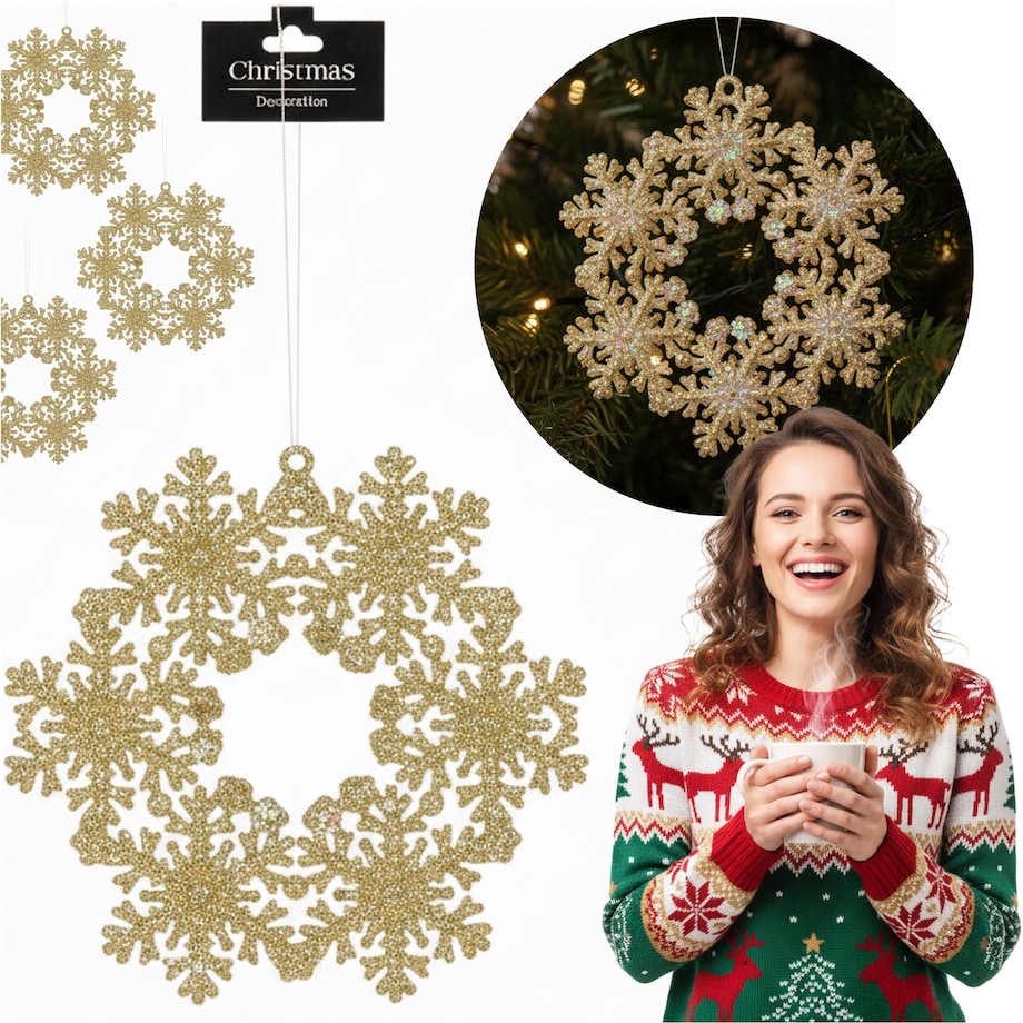 Zawieszka Na Choinkę Płatek Śniegu 12 Cm Ozdoba Świąteczna Wisząca Kolor Szampan