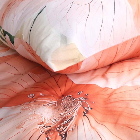 Pościel satyna bawełniana 160x200 Camellia kremowa w pomarańczowe kwiaty, Satynlove Premium
