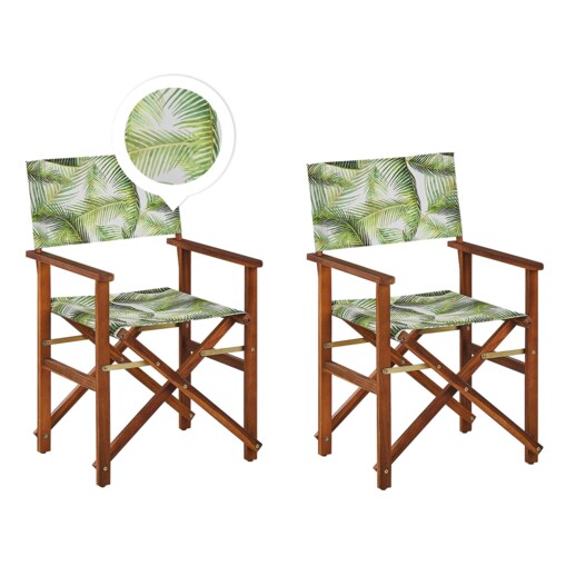 Zestaw 2 krzeseł ogrodowych akacjowy ciemne drewno z białym / wzór w tropikalne liście CINE