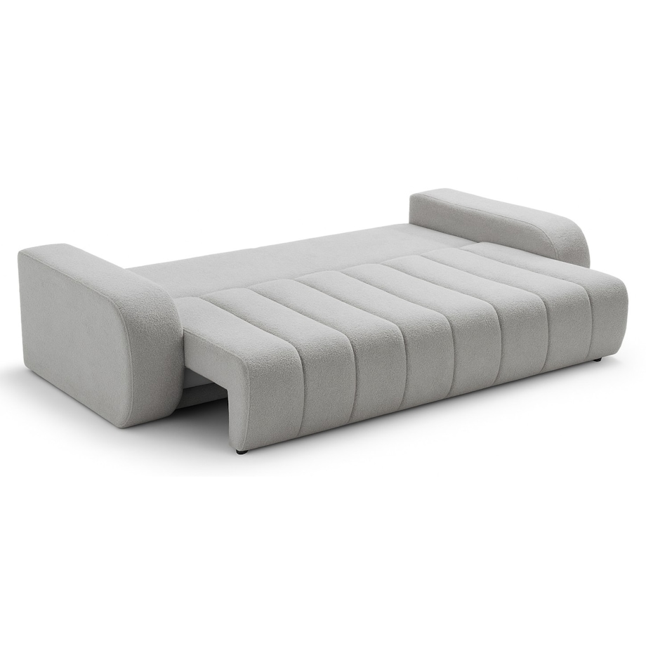 Sofa rozkładana ALOO obita tkaniną boucle z ozdobnymi poduszkami jasnoszara