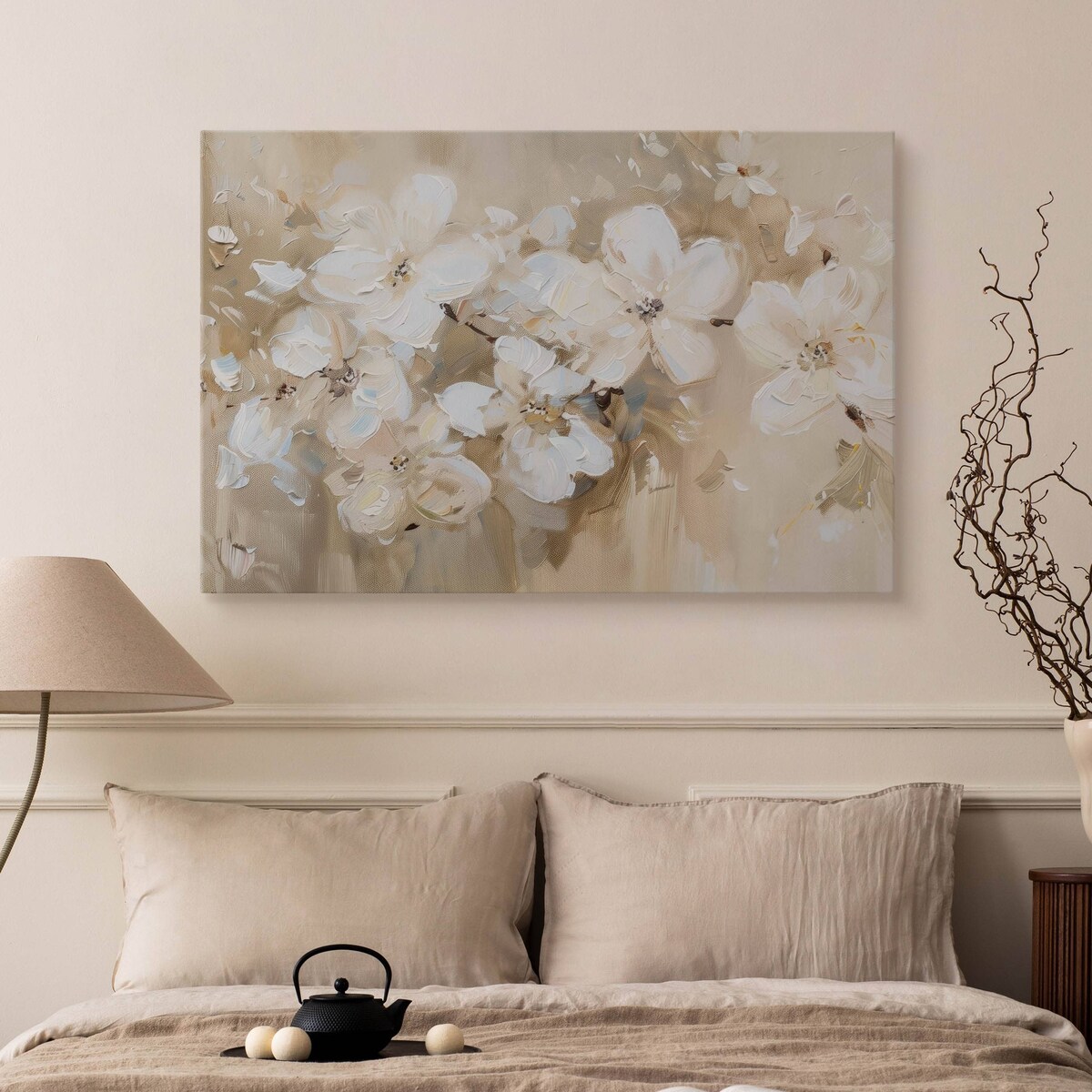 Obraz Na Płótnie Do Salonu Białe Kwiaty Styl Vintage Malarstwo 100x70cm