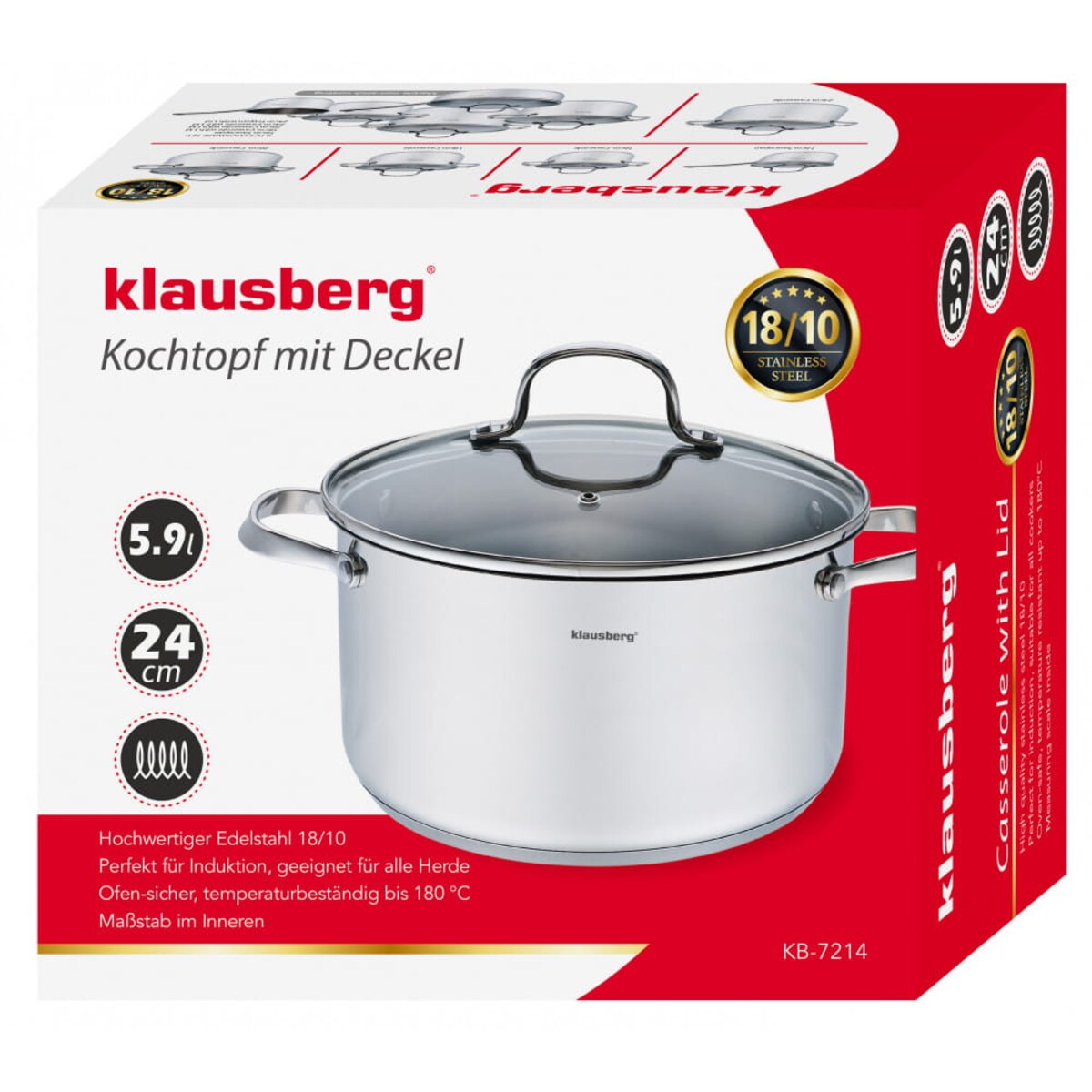 Garnek stalowy z pokrywką indukcja gaz 5.9L 24cm KLAUSBERG Premium 18/10