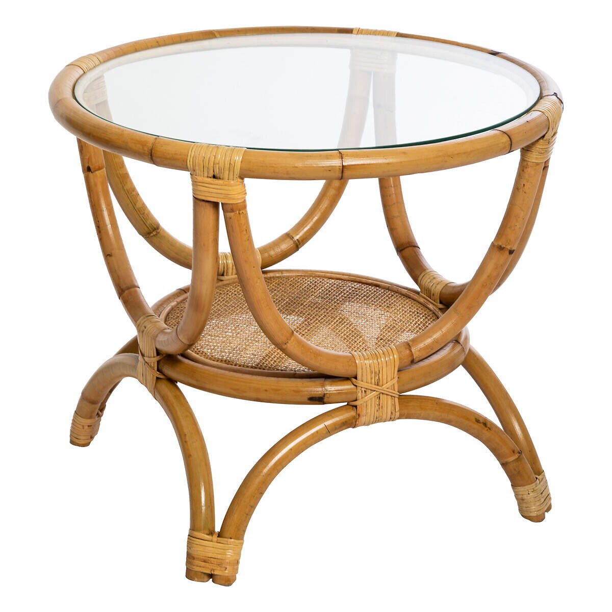 Stolik boczny do kanapy FARAH, rattanowy, szklany blat, Ø 60 cm