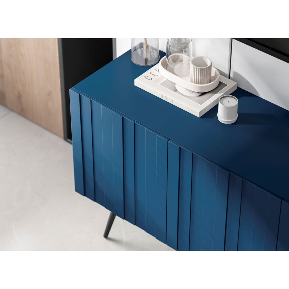 Szafka RTV Glamour Nowoczesna Komoda RTV Ryflowane Fronty Granatowy Mat Czarna Rama Loft 300 cm