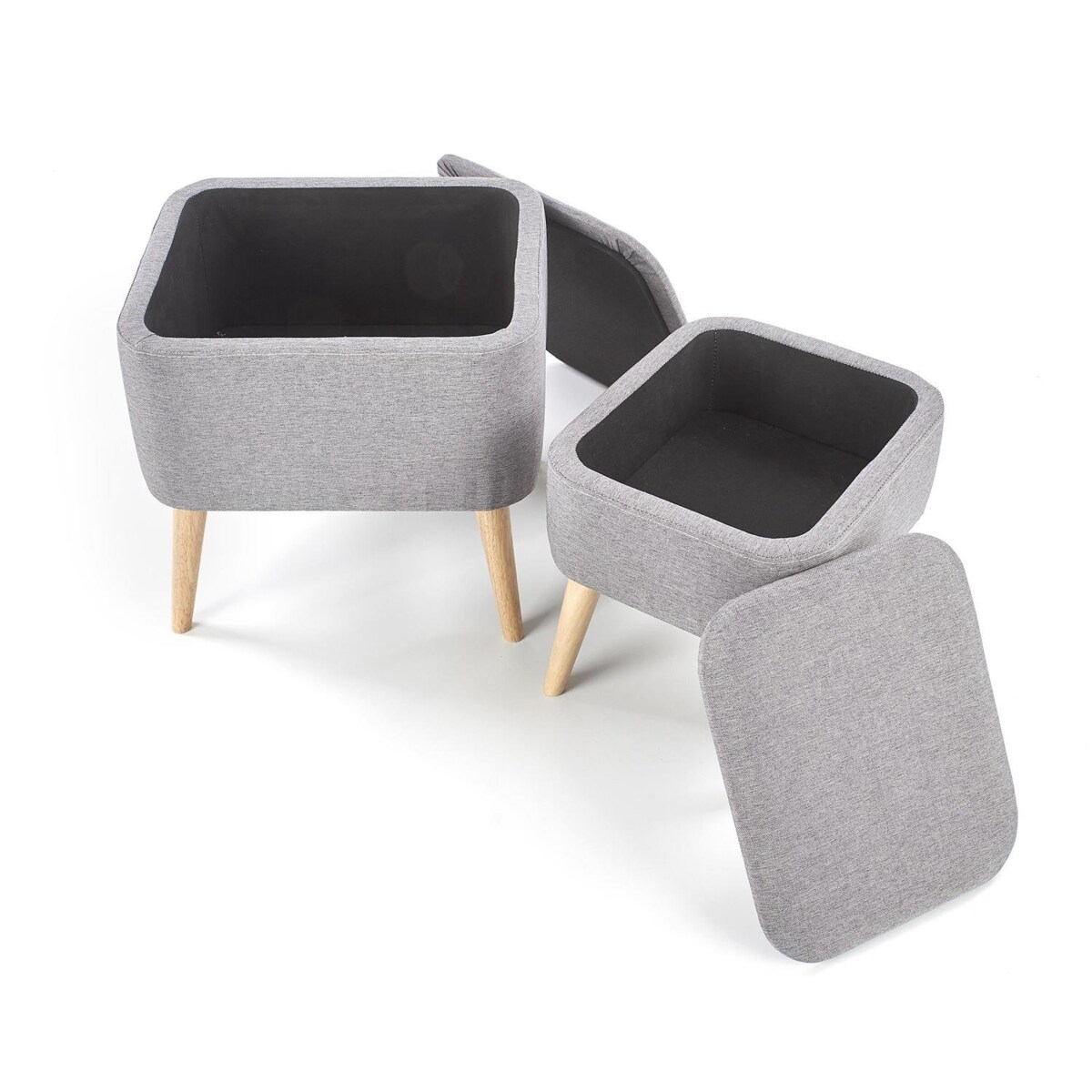 Zestaw 2 PUFY ZE SCHOWKIEM Gryf szare drewniane nogi