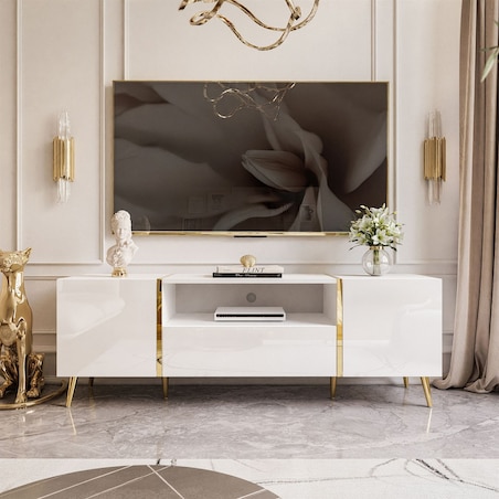 Szafka RTV ONYX na złotych nóżkach wysoki połysk 158 cm, biały połysk, push-to-open
