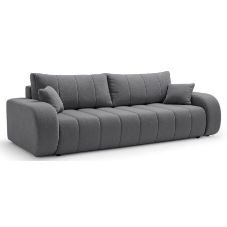 Sofa rozkładana ALOO obita tkaniną boucle z ozdobnymi poduszkami szara