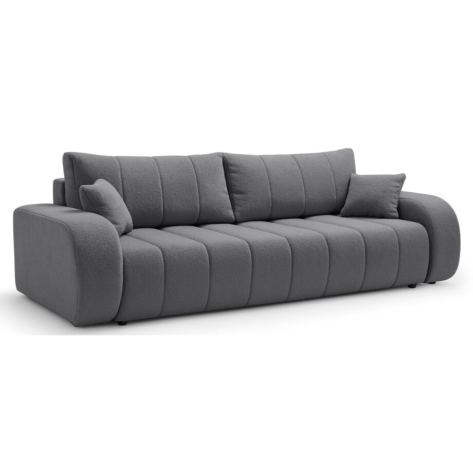 Sofa rozkładana ALOO obita tkaniną boucle z ozdobnymi poduszkami szara