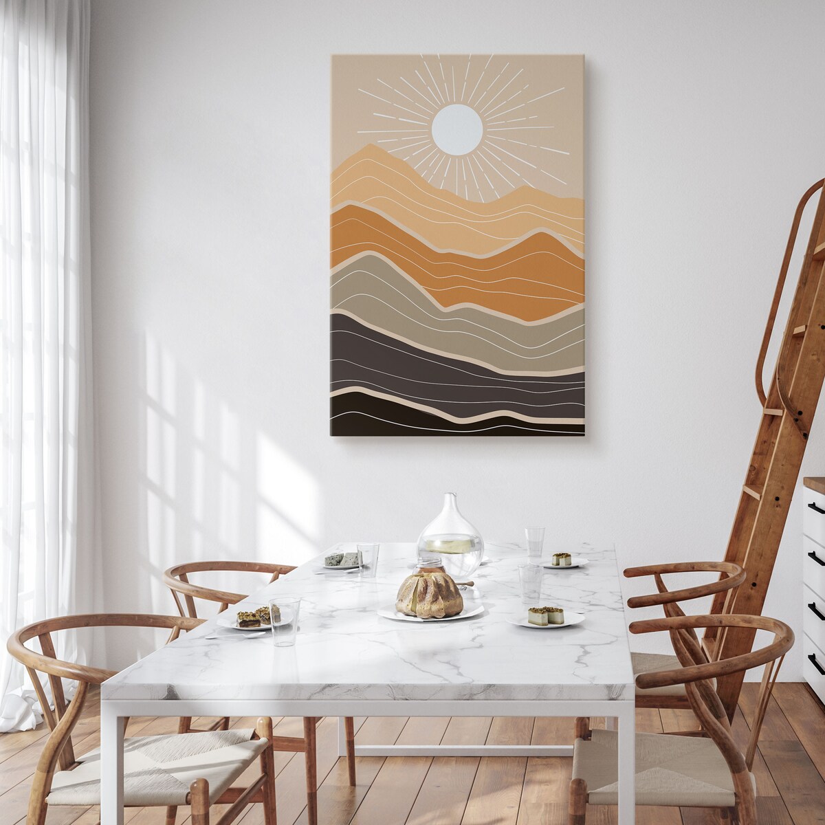 OBRAZ DO SYPIALNI GÓRY PEJZAŻ SŁOŃCE NATURA STYL BOHO ABSTRAKCJA 80x120cm