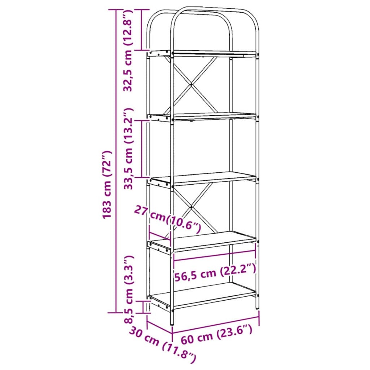 vidaXL Półka na książki Szary dąb sonoma 60 x 30 x 183 cm