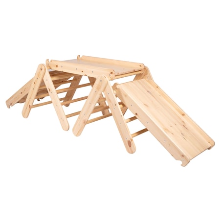 Meowbaby® Dwie Drewniane Drabinki dla Dzieci + Trzy Zjeżdżalnie-Ścianki wspinaczkowe, Zestaw Naturalny