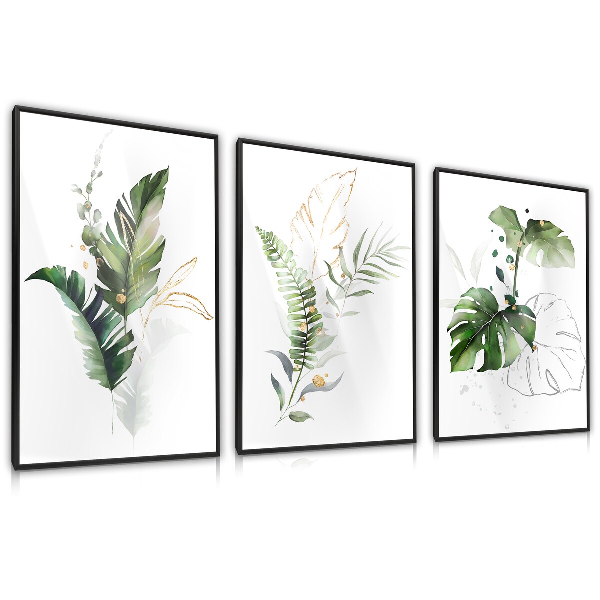 ZESTAW 3X PLAKAT W RAMIE DO SALONU AKWARELE TROPIKALNE LIŚCIE NATURA 60x80cm
