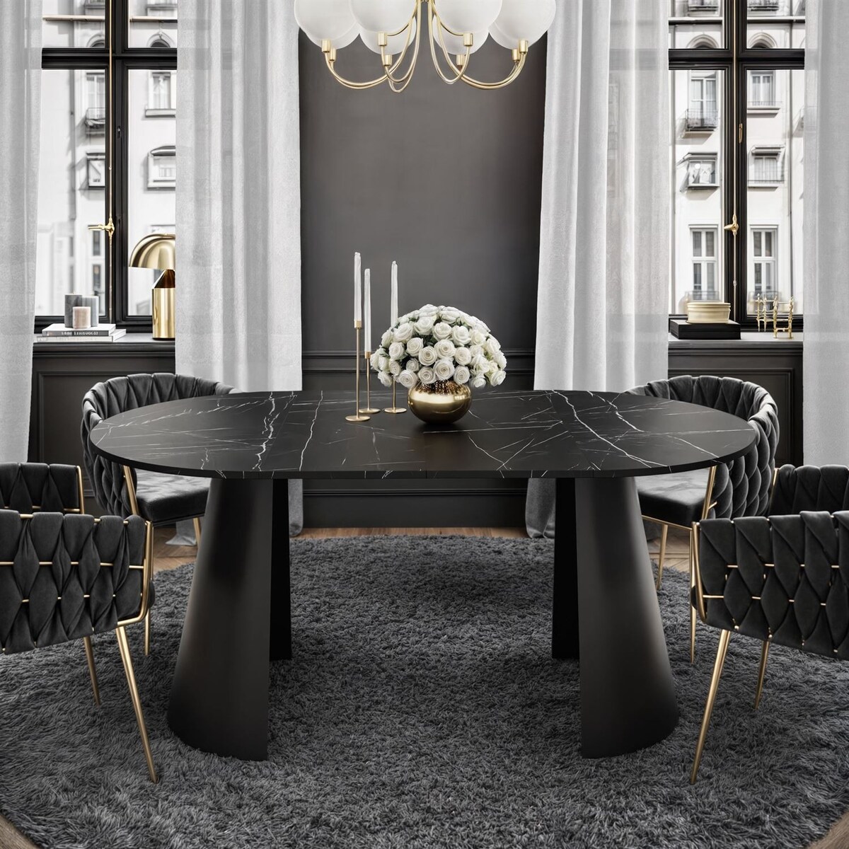 Okrągły stół rozkładany LAVA, średnica 120cm, czarny / Black Pietra Grigia